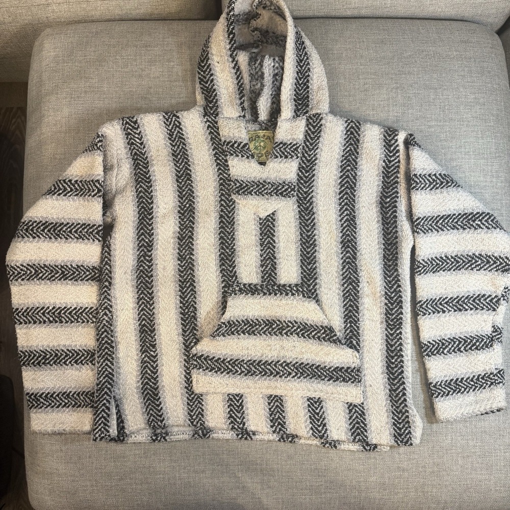 Baja Joe Hoodie Large Black Gray Striped Baja‎ Pullover Mexican Hoodie